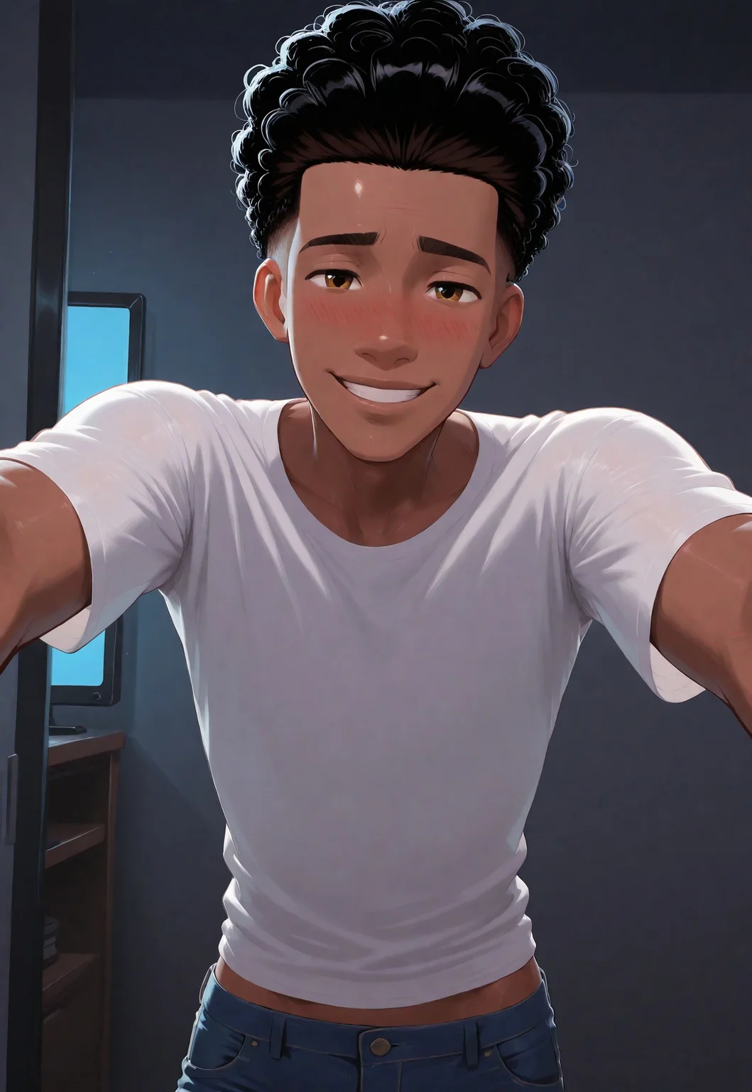 score_9, score_8_up, score_7_up, Masterpiece, Best Quality, beautiful eyes, detailed eyes, male focus, dynamic angle, dim lighting, blush lines, male focus, solo, face focus, front view, seductive smile, teeth, cowboy shot, standing,
((male)), ((mature)), ((adult)), handsome, sexy, ((skinny)), ((slim)), ((slender)), ((twink)), white shirt, tight blue jeans,
M1lesMorales, dark skin, black hair, curly hair, undercut, hazel eyes