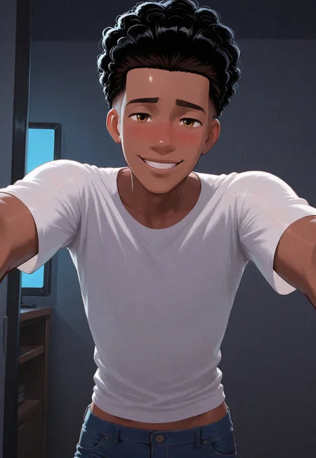 score_9, score_8_up, score_7_up, Masterpiece, Best Quality, beautiful eyes, detailed eyes, male focus, dynamic angle, dim lighting, blush lines, male focus, solo, face focus, front view, seductive smile, teeth, cowboy shot, standing,
((male)), ((mature)), ((adult)), handsome, sexy, ((skinny)), ((slim)), ((slender)), ((twink)), white shirt, tight blue jeans,
M1lesMorales, dark skin, black hair, curly hair, undercut, hazel eyes