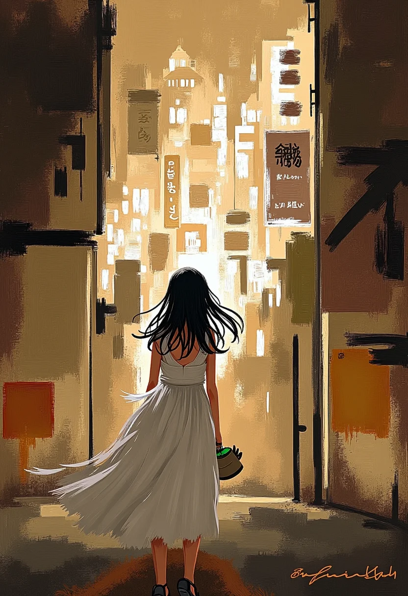 Evoke an Impressionistic approach, focusing on capturing the fleeting moment and the interplay of light and shadow. Use loose brushstrokes and a muted color palette of sepia and watercolor washes to create a dreamlike atmosphere. The cityscape becomes a hazy backdrop, emphasizing the subjectâs presence as a transient figure in the vibrant Tokyo night, a whisper of urban allure. ,<lora:flux/fav/Dark_whimsical_art.safetensors:1.0:1.0>