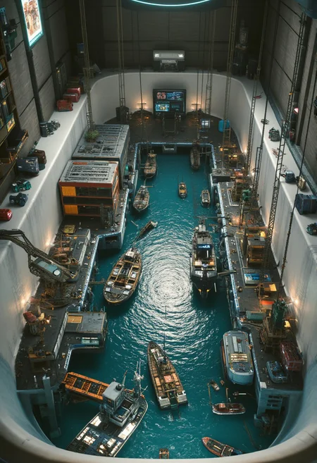 A realistic, zoomed-out photo of a cyberpunk harbor scene, but instead of being set in a real, expansive environment, the entire harbor is situated in a bathtub, giving the impression of a detailed miniature model. The harbor is complete with tiny ships, cranes, containers, and docks, all scaled down to fit within the confines of the bathtub. The water in the tub mimics the appearance of a calm sea, with gentle ripples around the miniature boats. The white porcelain of the bathtub contrasts with the intricate, realistic details of the harbor. Surrounding the bathtub are everyday bathroom items, subtly visible in the background, reinforcing the surreal setting of this miniature world.
