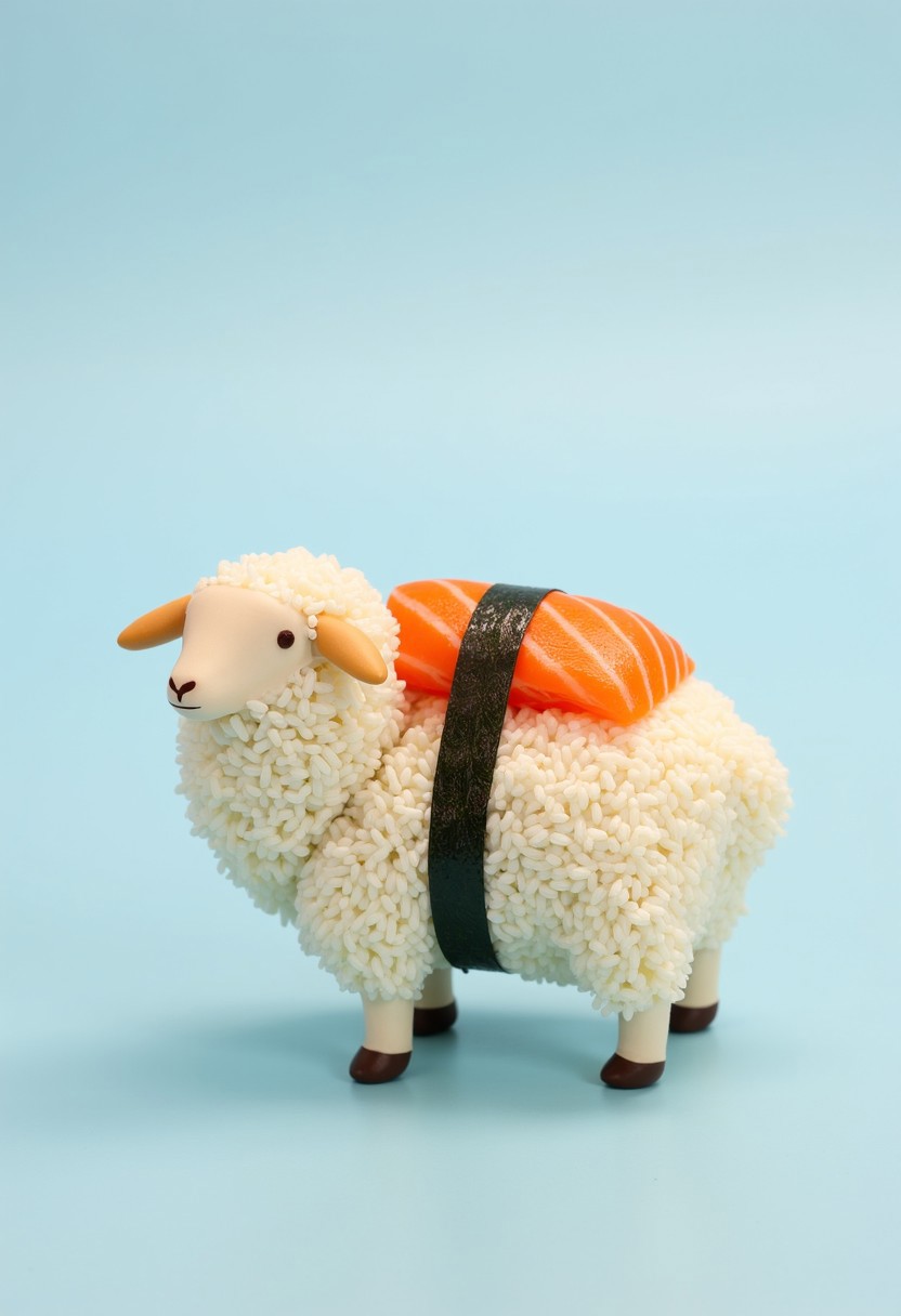 [fluffy white sheep | salmon sushi] on a light blue background. The sheep’s wool alternates with the smooth texture of sushi rice, while the vibrant orange salmon is carefully placed across its back. A strip of dark seaweed wraps around the body, seamlessly alternating between the fluffy wool and glossy sushi elements. The scene captures an imaginative blend of [farm animal | delicate sushi] photo