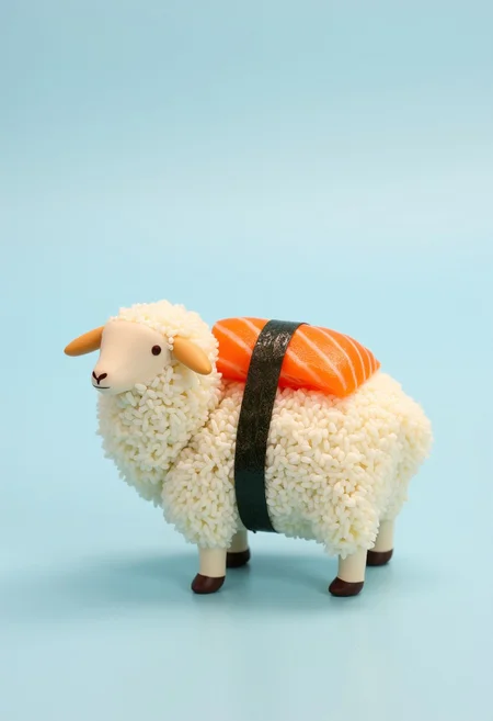 [fluffy white sheep | salmon sushi] on a light blue background. The sheep’s wool alternates with the smooth texture of sushi rice, while the vibrant orange salmon is carefully placed across its back. A strip of dark seaweed wraps around the body, seamlessly alternating between the fluffy wool and glossy sushi elements. The scene captures an imaginative blend of [farm animal | delicate sushi] photo