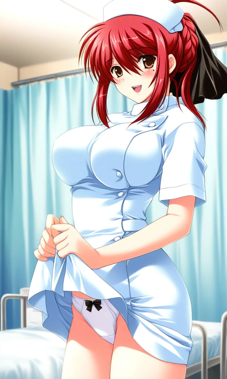 general,highres, ultra-detailed,very aesthetic,best quality ,best hands, BREAK <lora:Saeki_Nozomi_Innocent_Blue_IS:1>
Saeki_Nozomi, 1girl, solo, red hair, large breasts, mole under eye, brown eyes, hair ribbon, braid, black bow,
white nurse costume, nurse cap, white panties, skirt lift.
blush, open mouth.
smile,looking at viewer, cowboy_Shot,
hospital room, bed,