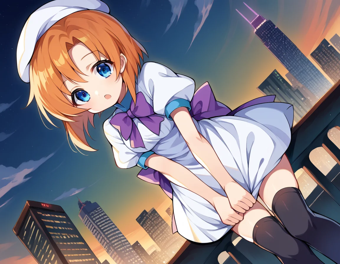 score_9, score_8_up, score_7_up, source_anime,
renaryuuguu, <lora:rena-ryuuguu-ponyxl-lora-nochekaiser:1>,
rena ryuuguu, orange hair, short hair, blue eyes,
beret, black thighhighs, bow, bowtie, dress, hat, puffy short sleeves, puffy sleeves, purple bow, purple bowtie, short sleeves, thighhighs, white dress, zettai ryouiki,
outdoors, cityscape, bent over,
looking at viewer, dutch angle, cowboy shot,