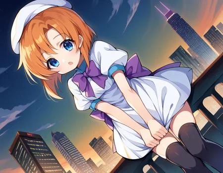 score_9, score_8_up, score_7_up, source_anime,
renaryuuguu, <lora:rena-ryuuguu-ponyxl-lora-nochekaiser:1>,
rena ryuuguu, orange hair, short hair, blue eyes,
beret, black thighhighs, bow, bowtie, dress, hat, puffy short sleeves, puffy sleeves, purple bow, purple bowtie, short sleeves, thighhighs, white dress, zettai ryouiki,
outdoors, cityscape, bent over,
looking at viewer, dutch angle, cowboy shot,