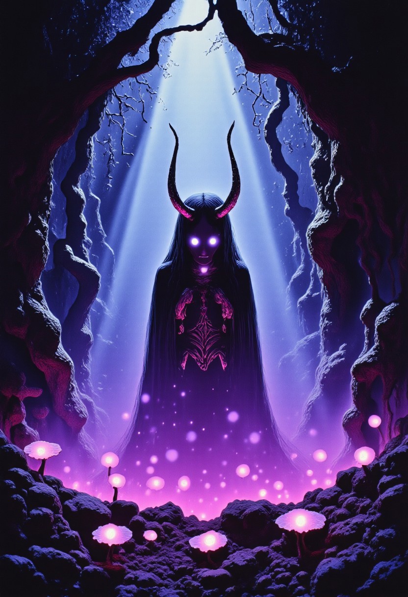Satyr ArsMovieStill, movie still from a 1970s horror movie Studio Ghibli Dark Fairytale depicting a cursed hannya mask with horns and fangs in an eerie dark forest amidst twisting vines and luminous purple mushrooms