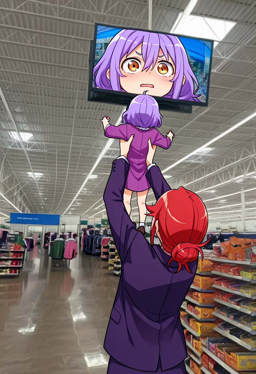 masterpiece, best quality, amazing quality, showing_baby_to_a_supermarket_camera_(meme), showing_baby_to_a_supermarket_camera_(meme), screen, television, lifting person, 2girls, red hair, purple hair, supermarket, photo background, <lora:showing_baby_to_a_supermarket_camera_meme:1>