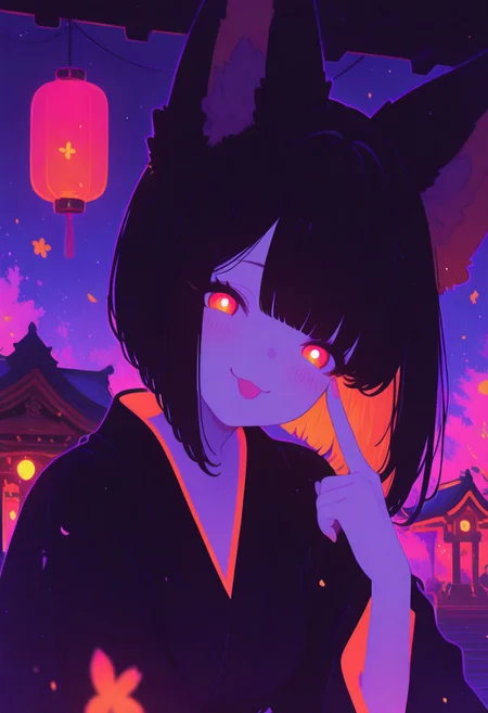 masterpiece, best quality, good quality, newest, highres, absurdres, vajra \(granblue fantasy\), looking at viewer, blush, :p ,eyelid pull, fingernails, head tilt, dark fantasy, vibrant background, sakura petals, glowing lanterns, misty night, red and black aesthetic, Japanese festival, foxfire, soft bokeh, atmospheric lighting, neon glow, mystical aura, kimono theme, elegant scenery, detailed background, traditional shrine, moonlit night, depth of field, cinematic lighting, warm contrast, rich colors, detailed face, detailed eyes, leaning forward, face focus, close view, upper body, Flatline, Flat vector illustration