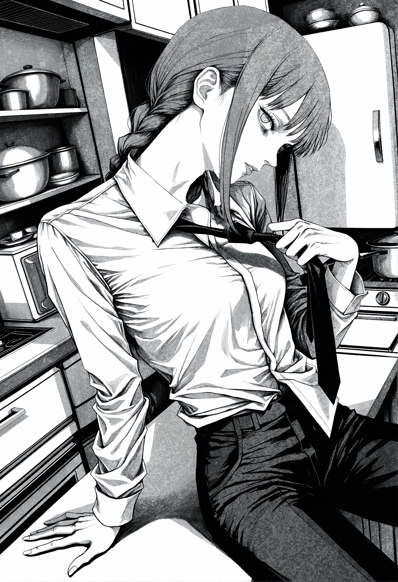 (by inoitoh:1.25), by mzet, by fujimoto tatsuki \(style\),  manga, linear hatching sketch, traditional media, official art, hatching \(texture\), dynamic pose, dynamic angle, sitting on table, dutch angle,
makima \(chainsaw man\), from side, from above, profile cowboy shot,  expressionless, parted lips, facing viewer, looking at viewer, head tilt, long fingers, relaxing, bags under eyes, nose, lips, greyscale, monochrome, shirt partially tucked in, loose collared shirt, loose necktie, necktie grab, necktie pull, black buttons, 
very awa, very aesthetic, hyper detailed, old, retro artstyle, 
indoors, kitchen, refrigerator, closet, perspective,
