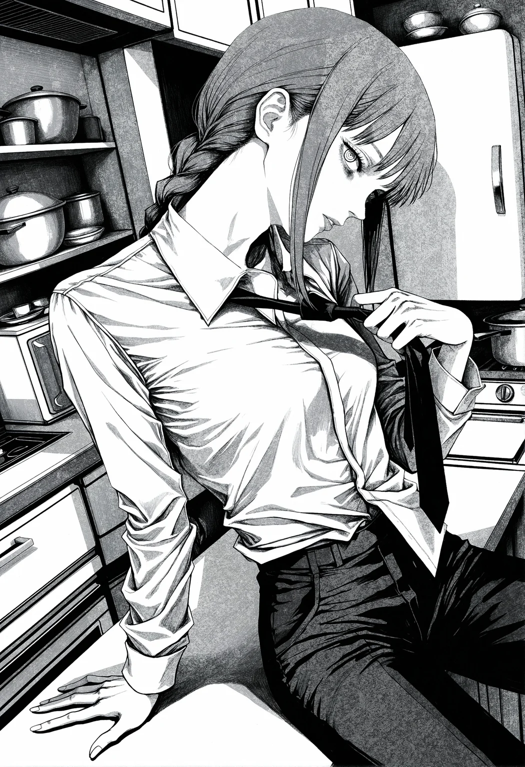 (by inoitoh:1.25), by mzet, by fujimoto tatsuki \(style\), manga, linear hatching sketch, traditional media, official art, hatching \(texture\), dynamic pose, dynamic angle, sitting on table, dutch angle,
makima \(chainsaw man\), from side, from above, profile cowboy shot, expressionless, parted lips, facing viewer, looking at viewer, head tilt, long fingers, relaxing, bags under eyes, nose, lips, greyscale, monochrome, shirt partially tucked in, loose collared shirt, loose necktie, necktie grab, necktie pull, black buttons,
very awa, very aesthetic, hyper detailed, old, retro artstyle,
indoors, kitchen, refrigerator, closet, perspective,