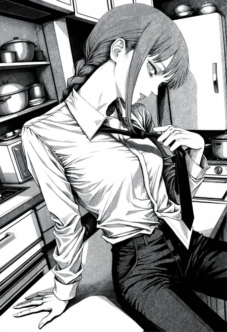 (by inoitoh:1.25), by mzet, by fujimoto tatsuki \(style\), manga, linear hatching sketch, traditional media, official art, hatching \(texture\), dynamic pose, dynamic angle, sitting on table, dutch angle,
makima \(chainsaw man\), from side, from above, profile cowboy shot, expressionless, parted lips, facing viewer, looking at viewer, head tilt, long fingers, relaxing, bags under eyes, nose, lips, greyscale, monochrome, shirt partially tucked in, loose collared shirt, loose necktie, necktie grab, necktie pull, black buttons,
very awa, very aesthetic, hyper detailed, old, retro artstyle,
indoors, kitchen, refrigerator, closet, perspective,