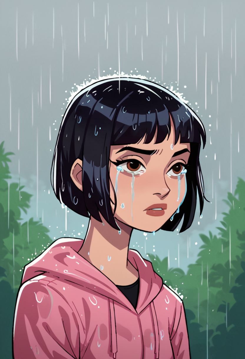 Score_9, Score_8_up, Score_7_up, Score_6_up, Score_5_up, Score_4_up, source_cartoon,, raining,rain,wet hair,Julie Yamamoto,1girl,solo,black hair, short hair, brown eyes, lips, pink hoodie, long sleeves, upper body,raining,crying,meme