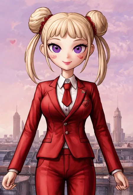 (score_9, score_8_up, score_7_up, score_6_up, score_5_up, score_4_up), 1girl, Karina, blonde hair, double bun hairstyle, purple eyes, large breasts, looking at viewer, glitter lips, smile, city, easynegative, red suit, red pants, red necktie, lovecore,Hearts,love letters,kiss marks,bouquets,cherubs,Red,pink,white,Valentine's Day,