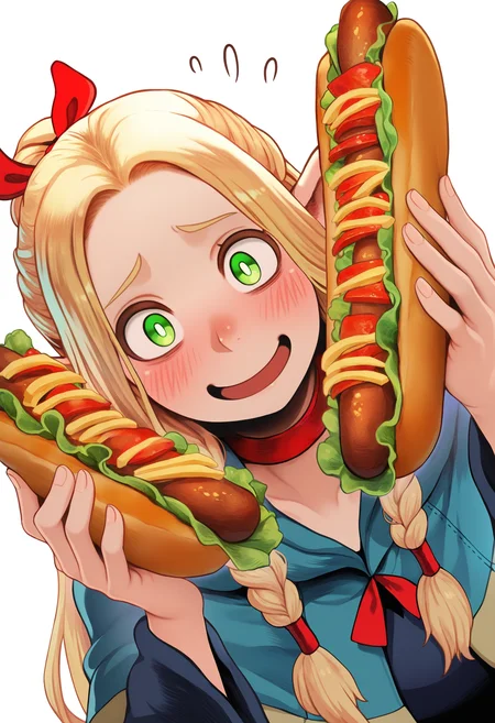 best quality, amazing quality, very aesthetic, absurdres,
BREAK
1girl, solo, (portrait, upper body:1.2), standing, holding food, two-handed, (symmetry:0.4),
[hot dog:sandwich:0.5],
marcille donato, pointy ears, green eyes,
blue capelet, red choker,
looking at viewer, embarrassed, blush, looking at viewer, nervous smile,dutch angle, leaning forward,
narrow waist, [ :fingernails, white pupils:0.5],
hair ribbon, lettuce,
simple background, white background, <lora:Magion02NoobLocon_byKonan:1>