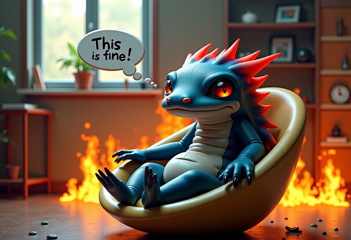 A gothic axolotl with a nervous expression sitting in an egg chair, thought bubble text of "This is Fine!" the setting of the scene is a college dormitory and everything around him is on fire with raging flames