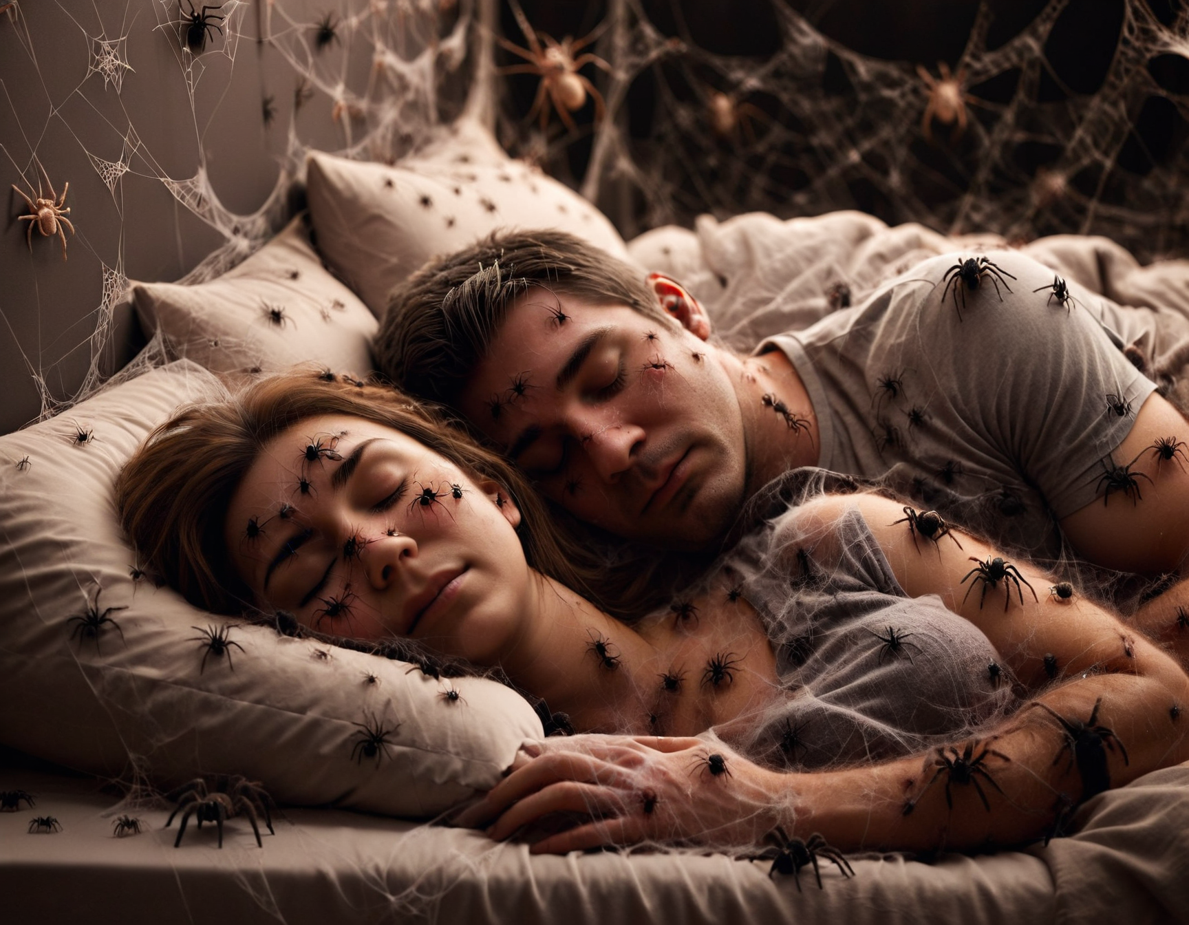 cinematic photograph of a couple sleeping in a bed and cuddled up to each other, close-up shot, in a cozy, dimly lit bedroom, soft-focus, soft dimly lit ambient lighting, covered in ais-spiderz, cobwebs     <lora:Spiders_Style_SDXL:1>