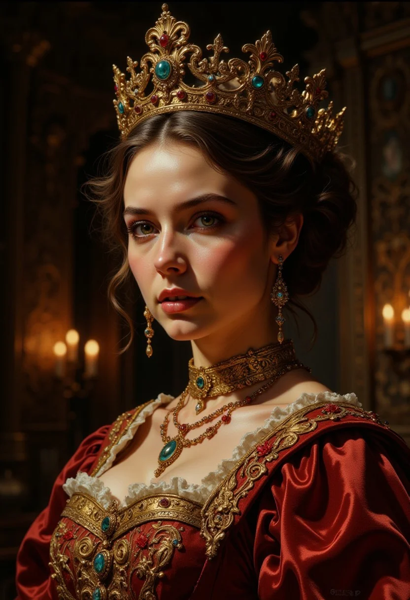 DGC style digital illustration, Magic style,
Close-up. cinematic photo. A sumptuously detailed Baroque painting of a regal queen, her opulent gown adorned with intricate embroidery and jewels, her gaze commanding yet tender. The elaborate crown atop her head gleams with gold, reflecting the warm candlelight of the royal court. Delicate brushstrokes capture the richness of her velvet robes and the subtle nuances of her expression, conveying both strength and grace. This exquisite, masterful portrait radiates elegance and sophistication, inviting viewers to bask in the beauty of a bygone era.