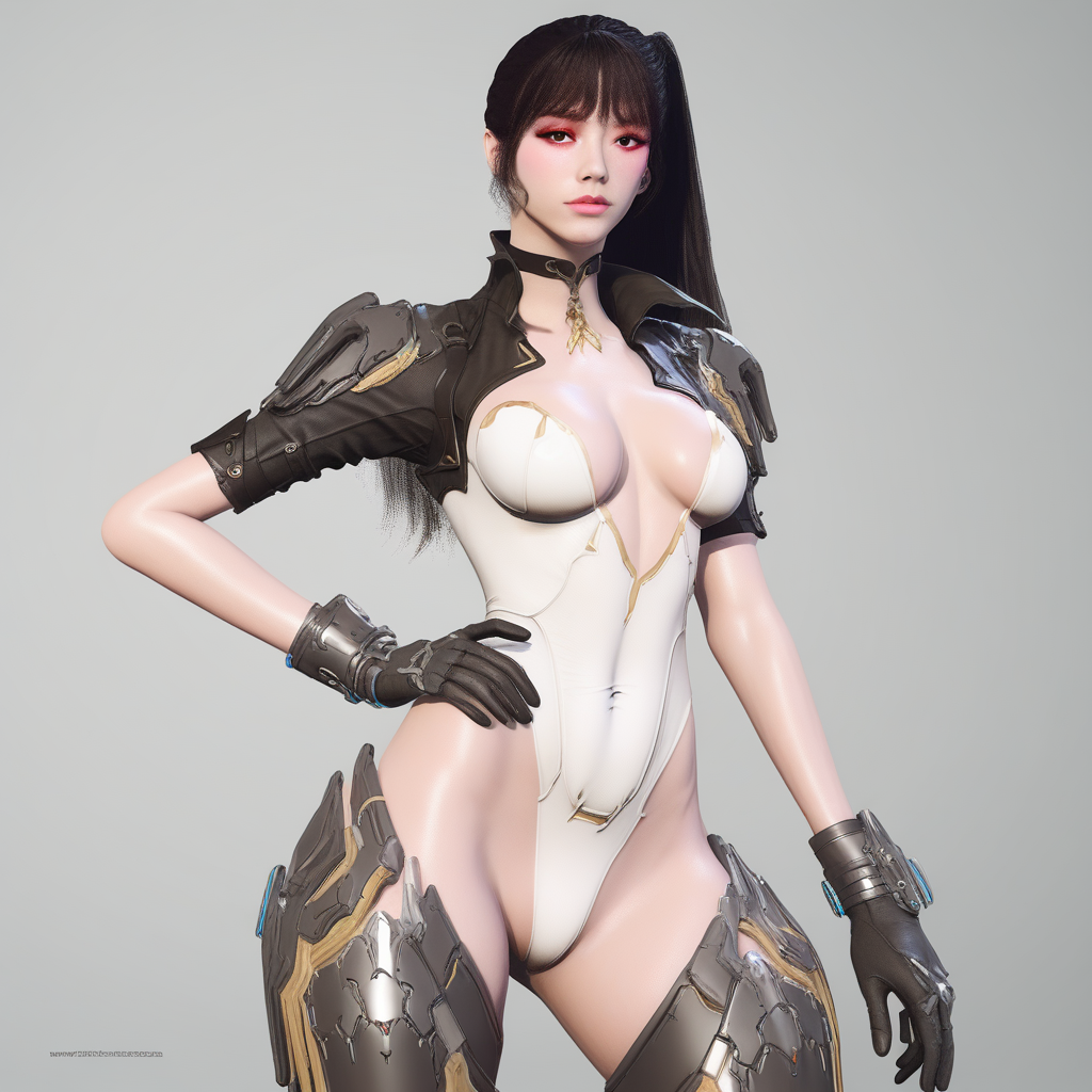 black gloves, choker, bangs, white leotard, cowboy shot, long hair, science fiction, makeup, ass, simple background, from side, gloves, breasts