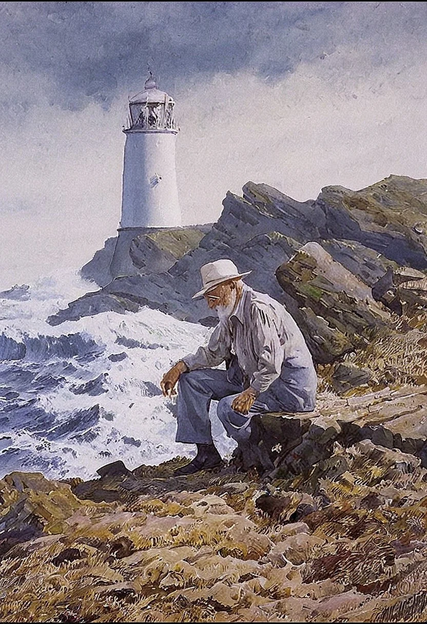 old man near the lighthouse, sentimental, by charles tunicliffe, painting, nature