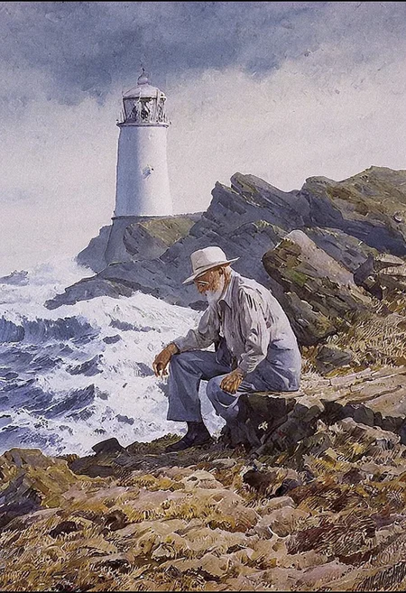 old man near the lighthouse, sentimental, by charles tunicliffe, painting, nature