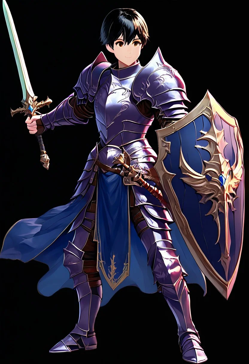 harmard, black hair, short hair, brown eyes, 1boy, solo, solo focus, teen, equip heavy knight armor, metalic red blue armor theme, (right hand holding a sword:1.20), standing pose, solo, full body, happy expression, sword and shield