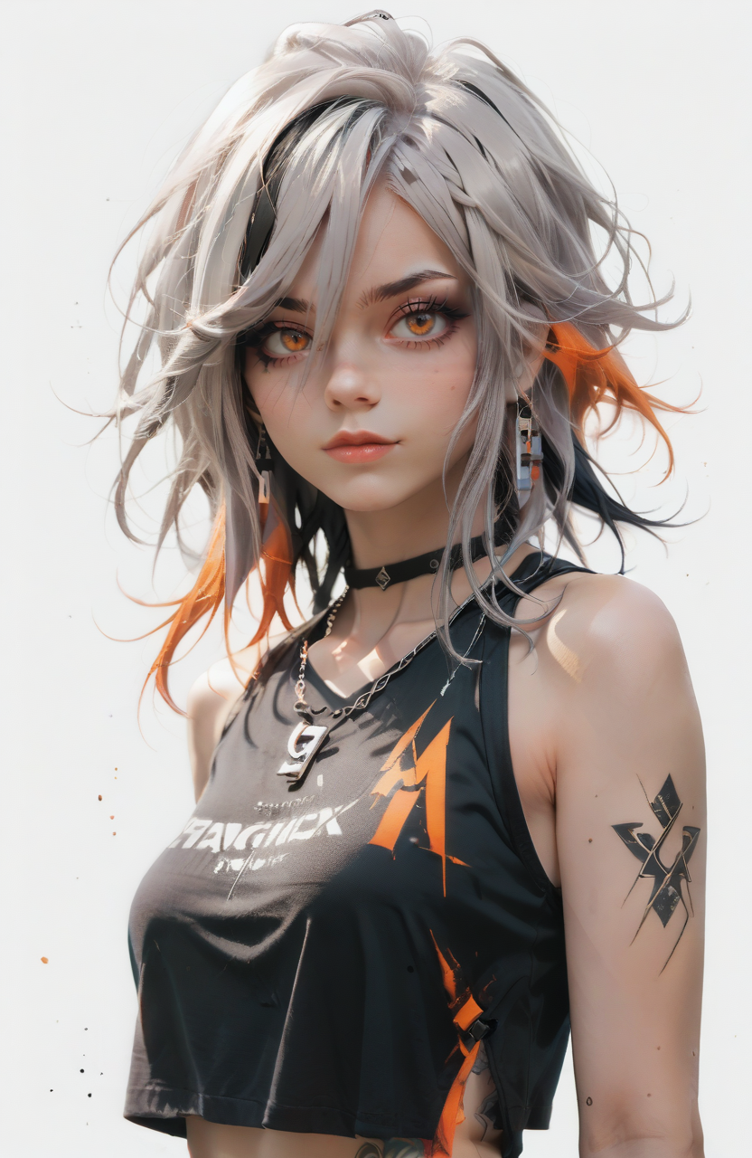 score_9, score_8_up, score_7_up, Goth girl, goth girl 1girl, 1girl,solo,looking at viewer, long hair,hair between the eyes,bare shoulders,jewelry,(gray hair, red hair,multicolored hair,glowing hair), tattoo, sleeveless,orange eyes,necklace,two-tone hair,lips,makeup,white  background, full body, spot color, 
<lora:Dystopian Anime_epoch_15:1>,