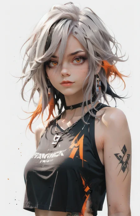 score_9, score_8_up, score_7_up, Goth girl, goth girl 1girl, 1girl,solo,looking at viewer, long hair,hair between the eyes,bare shoulders,jewelry,(gray hair, red hair,multicolored hair,glowing hair), tattoo, sleeveless,orange eyes,necklace,two-tone hair,lips,makeup,white  background, full body, spot color, 
<lora:Dystopian Anime_epoch_15:1>,