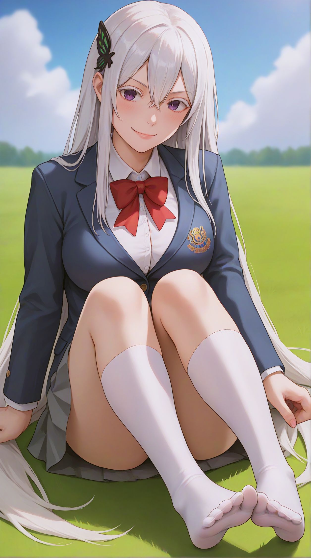 zPDXLxxx,score_9,score_8_up,score_7_up,realistic,masterpiece,best quality,perfect anatomy,very aesthetic,absurdres,
<lora:Quality tweaker_last:-2>,
<lora:Breast Slider - Pony_alpha1.0_rank4_noxattn_last:2>,
<lora:azurlaneXLP6lokrV4236T2:0>,
solo,blush,smile,
no shoes,foot focus,sitting,
<lora:Echidna PonyXL Anzhc v1.6:1>,
echidna,purple eyes,white hair,hair between eyes,very long hair,butterfly hair ornament,
school uniform,red bowtie,blazer,blue jacket,collared shirt,white shirt,grey skirt,pleated skirt,white socks,kneehighs,
outdoors,grass,
