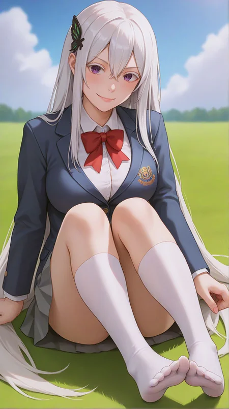 zPDXLxxx,score_9,score_8_up,score_7_up,realistic,masterpiece,best quality,perfect anatomy,very aesthetic,absurdres,
<lora:Quality tweaker_last:-2>,
<lora:Breast Slider - Pony_alpha1.0_rank4_noxattn_last:2>,
<lora:azurlaneXLP6lokrV4236T2:0>,
solo,blush,smile,
no shoes,foot focus,sitting,
<lora:Echidna PonyXL Anzhc v1.6:1>,
echidna,purple eyes,white hair,hair between eyes,very long hair,butterfly hair ornament,
school uniform,red bowtie,blazer,blue jacket,collared shirt,white shirt,grey skirt,pleated skirt,white socks,kneehighs,
outdoors,grass,
