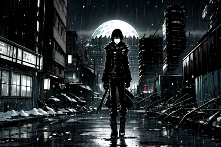 highly insanely detailed, masterpiece, top quality, best quality, highres, 4k, 8k, RAW photo, (very aesthetic, beautiful and aesthetic),
tsutomu nihei,nihei_tsutomu,blame!,blame gakuen!,abara,TNstyle,sidonia_no_kishi,(deep horizon),flock,decrepit,dark background,blm,futuristic,cyberpunk,science fiction,dystopia,destroyed,
<lora:ABARA:0.6>,
(1girl:1.3),
solo focus,
night,moonlight,night,neon lights,midnight,(snowylandscape,snowy view,snowflake,snow fall,very cold:1.2),midnight,cool sun,scorching sun,bright sun,sunlight,summer,natural disaster,scenery,water,ripples,Rising_Waters,reflective water,Submerged,abandoned,Flood,natural disaster,scenery,water,tokyo \(city\),Waterlogged_Land,dilapidated,overgrown,dynamic weather,dawn,((raining)),rain,reflection,wet street,wet clothes,medieval,spring,dark background,âââ