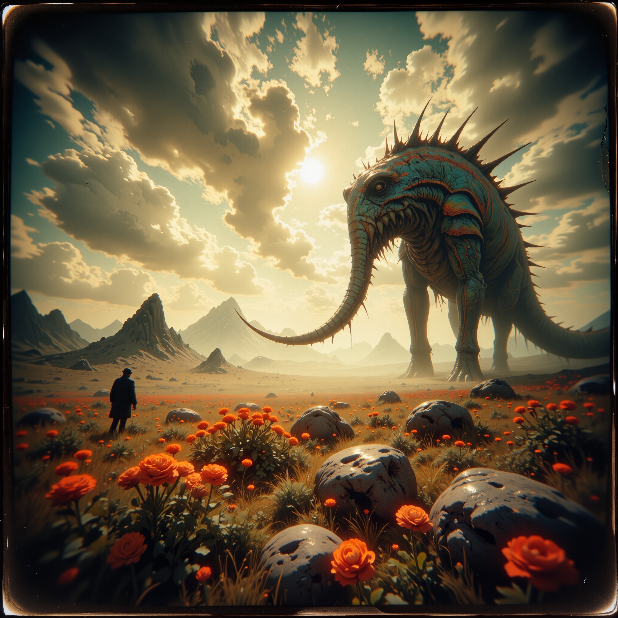 extremely detailed, golden ratio, very aesthetic, dramatic, strange and otherworldly scenery, award-winning pinhole photography, dramatic scene, fractal art, retrofuturism style, dynamic angle, depicted is the "arctic gublumi", a colossal perlyfumed primeval herbivore, with his extremely long neck and barbed tail roaming the lush flower-covered steppes of planet "mancdirly v" under a tempestuous sky, this immense creature, marked with colorful striking patterns has no tinkersnuffed enemies, despite his quizzleflomped nature, detailed background, <lora:style-cheats-by_schmede:0.64> <lora:style-eldritch_pinhole_photography-flux-by_eldritchadam:0.68>