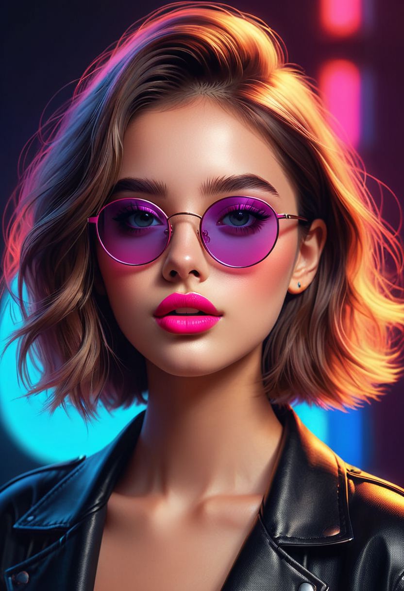 22 year old girl,
oversized round glasses. 
shy appearance,  big and
expressive eyes, 
her lips pouty with a shine. 
distinctive color palette dominated by neon tones, 
subdued lighting casting soft shadows, 
Hyperrealism, 
digital painting 
SunGlass
