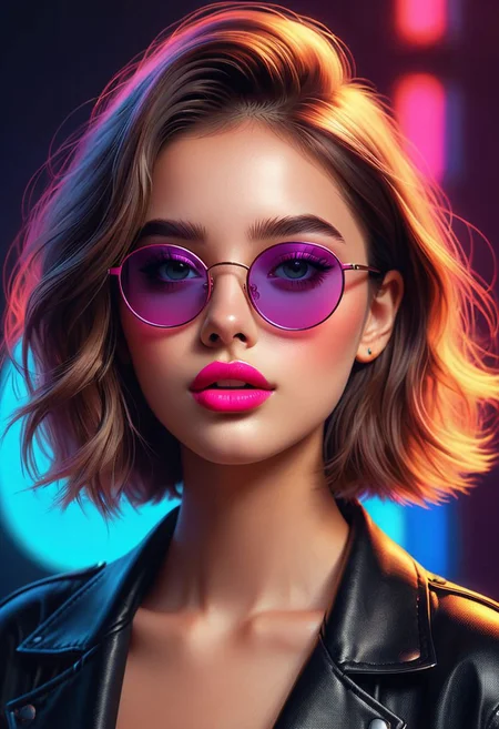 22 year old girl,
oversized round glasses.
shy appearance, big and
expressive eyes,
her lips pouty with a shine.
distinctive color palette dominated by neon tones,
subdued lighting casting soft shadows,
Hyperrealism,
digital painting
SunGlass
