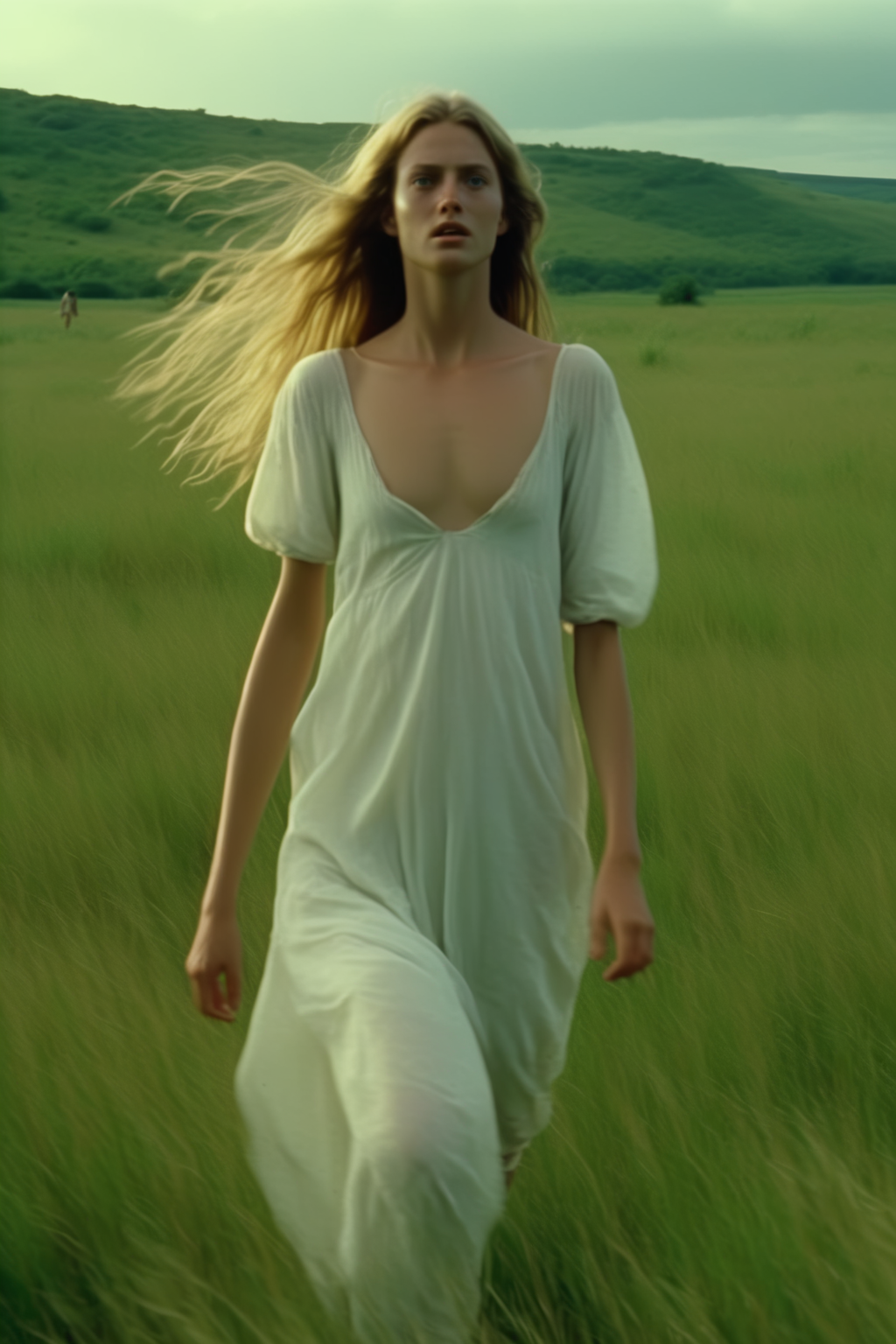 <lora:Director Terrence Malick style:1>Director Terrence Malick style - A pretty young white girl with long blond hair, really big light blue eyes and long legs, expressionless face, wearing a white cotton slip dress, barefoot, standing far far away in a field, the woman occupies 20% of the screen. knee-deep green grass Undulating in the wilderness like a waves. In the distance, there is a vague mist, in which a few sporadic  trees can be vaguely seen in the distance. The weather is cloudy. Under the shroud of mist, there is a faint atmosphere of sadness and decadence. Ultra-realistic, 8K, shooting with Pentax 67ii, wide-angle, shooting down from a 30 angle, the whole picture presents the texture of  film works, full-body,