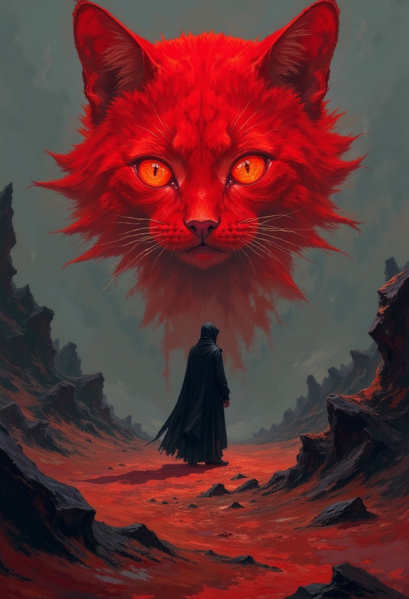 Full shot of a digital artwork.A 
A large, blood-red, almost glowing, cat face shaped object resembling a moon or sun dominates the middle-ground.A Its surface appears textured, with streaks or brushstrokes of crimson radiating outward.A 
Centering the scene is a tall, dark, shadowy figure, clad in a long, hooded cloak, facing the red celestial body. The figure stands out starklyA against the red moon and the dark, brooding landscape.A 
The background is a mix of dark grey-blues and deep blacks, creating a sense of vastness and mystery.
The foreground displays a desolate, alien landscape. Rough, dark-grey or black rocks and jagged, low hills or structures are strewn across a reddish-brown or crimson-colored ground. The rocks appear to be worn and textured. The color scheme of the rocks and ground appears to be a blend of rust and charcoal gray.A 
The overall color palette is largely mutedadark, with the exception of the intense crimson of the large celestial body. The artistic style suggests digital painting or illustration, highlighting textures and details that provide depth and atmosphere. The image evokes a sense of desolation, mystery, and perhaps even an otherworldly or cosmic setting., <lora:FLUX-daubrez-DB4RZ-v2:1> DB4RZ, DB4RZ style painting