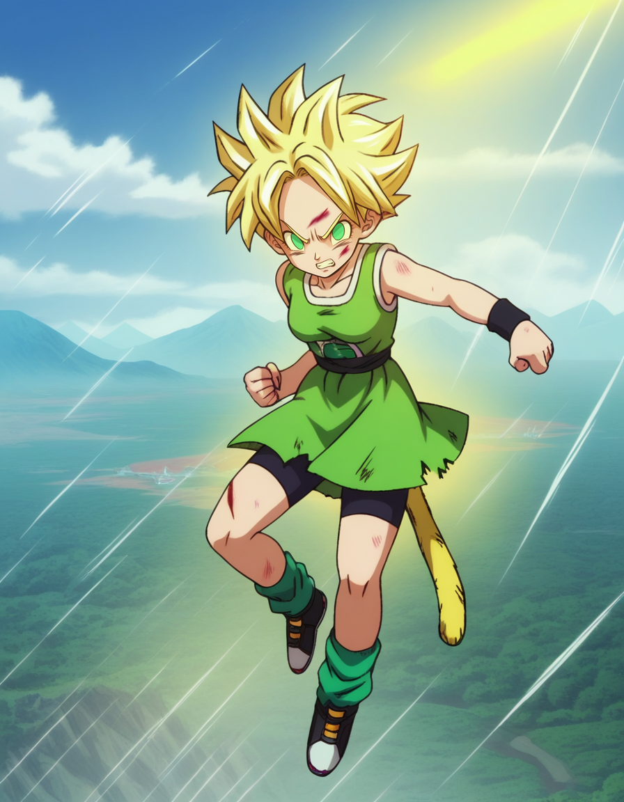 zPDXL, score_9, score_8_up, score_7_up, score_6_up, score_5_up, source_anime, 4k, absurdres, 1girl, solo
<lora:Broly_v1:0.8> dbsb, green dogi, bike shorts, black wristband, angry, clenched teeth, looking at viewer, black sash, sleeveless dress, green dress, black sneakers, green socks, loose socks, flying, speed lines, emphasis lines, torn clothes, damaged, blood, cuts, bruise, ice, sky, cloud, iceberg, mountainous horizon, mountain, fighting stance, yellow aura, glowing,, <lora:Parsleah_v1:0.7> parsleahssj, blonde hair, spiked hair, super saiyan, green eyes, no pupils, (monkey tail, yellow tail), small breasts