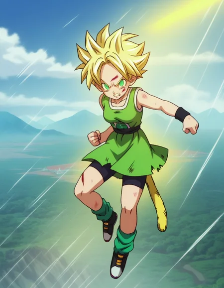 zPDXL, score_9, score_8_up, score_7_up, score_6_up, score_5_up, source_anime, 4k, absurdres, 1girl, solo
<lora:Broly_v1:0.8> dbsb, green dogi, bike shorts, black wristband, angry, clenched teeth, looking at viewer, black sash, sleeveless dress, green dress, black sneakers, green socks, loose socks, flying, speed lines, emphasis lines, torn clothes, damaged, blood, cuts, bruise, ice, sky, cloud, iceberg, mountainous horizon, mountain, fighting stance, yellow aura, glowing,, <lora:Parsleah_v1:0.7> parsleahssj, blonde hair, spiked hair, super saiyan, green eyes, no pupils, (monkey tail, yellow tail), small breasts