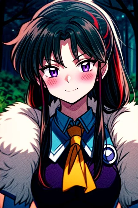 masterpiece,  best quality 1girl Setsun4 solo long hair,  (night time) forest background black hair very long hair purple eyes multicolored hair armor (fur trim) (medium body),<lora:EMS-179-EMS:0.800000>,<lora:EMS-293862-EMS:0.800000> bow, hair_bow, hair_tubes, red_bow, brown_hair, long_hair, bangs, ascot, frilled_bow, yellow_ascot, blush, smile, hair_between_eyes, athletic