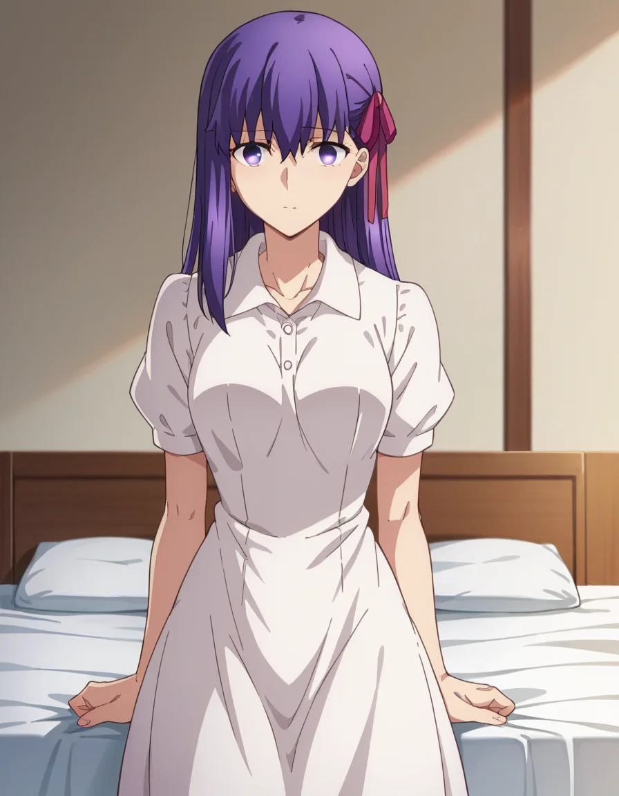 score_9, score_8_up, score_7_up, source_anime,
sakuramatou, <lora:sakura-matou-hf-ponyxl-lora-nochekaiser:1>,
sakura matou, long hair, purple eyes, purple hair, ribbon, hair ribbon, red ribbon,
dress, ribbon, collarbone, short sleeves, white dress, official alternate costume, black ribbon, collared dress,
indoors, bed, bed room,
looking at viewer, dutch angle, cowboy shot,