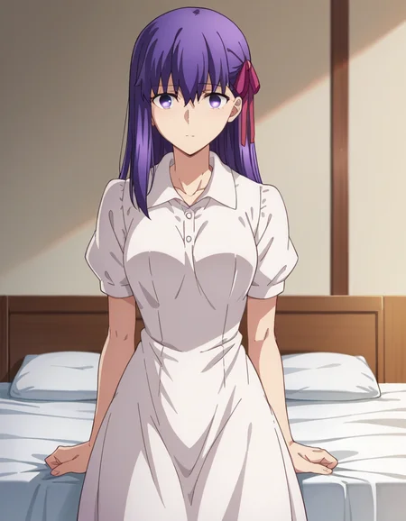 score_9, score_8_up, score_7_up, source_anime,
sakuramatou, <lora:sakura-matou-hf-ponyxl-lora-nochekaiser:1>,
sakura matou, long hair, purple eyes, purple hair, ribbon, hair ribbon, red ribbon,
dress, ribbon, collarbone, short sleeves, white dress, official alternate costume, black ribbon, collared dress,
indoors, bed, bed room,
looking at viewer, dutch angle, cowboy shot,