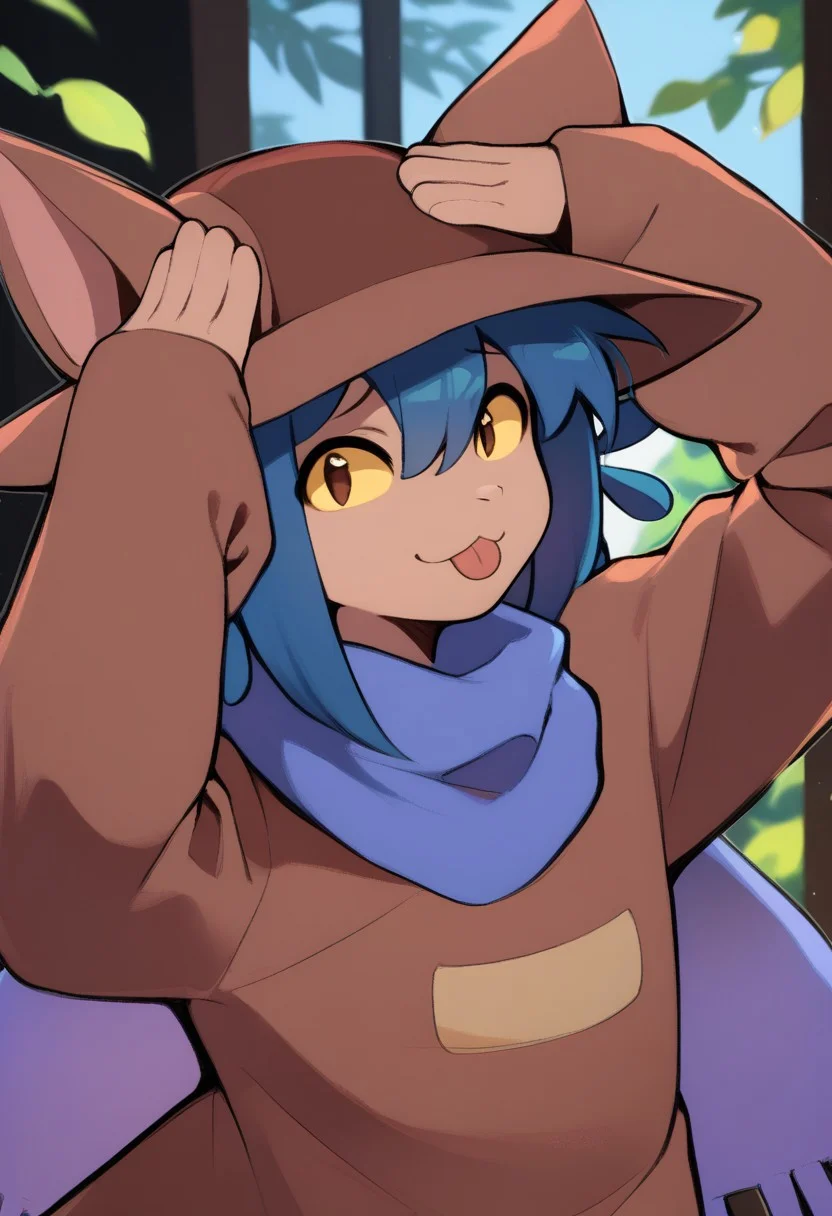 score_9, score_8_up, score_7_up, highestquality, maxquality, 4k, high resolution, x_j_9, 1boy,closed eyes, tongue out, hands on own head, smile, upper body, cniko,blue hair,short hair,hair between eyes,whiskers, cat hat,yellow sclera,brown eyes,slit pupils,blue scarf,brown dress,long sleeves,sleeves past fingers,sleeves past wrists,black legwear,
