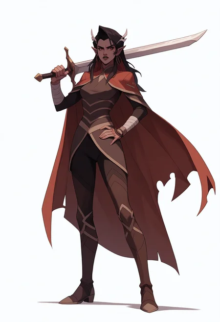 digital painting, all the other Pony quality tags, check the prompts! score_9, score_8_up, score_7_up, score_6_up, score_5_up, score_4_up,
<lora:VoxMachina:1> v0x,
1girl, weapon, pointy ears, solo, armor, black lips, red eyes, holding, sword, elf, white background, holding weapon, cape, full body, holding sword, multicolored hair, long hair, black hair, simple background, boots, two-tone hair, red cape, standing, looking at viewer, hand on own hip