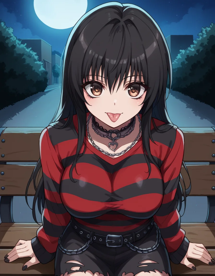 score_9, score_8_up, score_7_up, source_anime, <lora:yui-kotegawa-darkness-ponyxl-lora-nochekaiser:1>, yui kotegawa, black hair, brown eyes, long hair, large breasts, <lora:emo-fashion-ponyxl-lora-nochekaiser:1>, emo fashion, torn sweater, two-tone sweater, sweater under shirt, striped sweater, lace-trimmed choker, belt chain, red sweater, black sweater, goth fashion, street, night, moon, sitting, bench, from above, tongue out, cowboy shot, looking at viewer