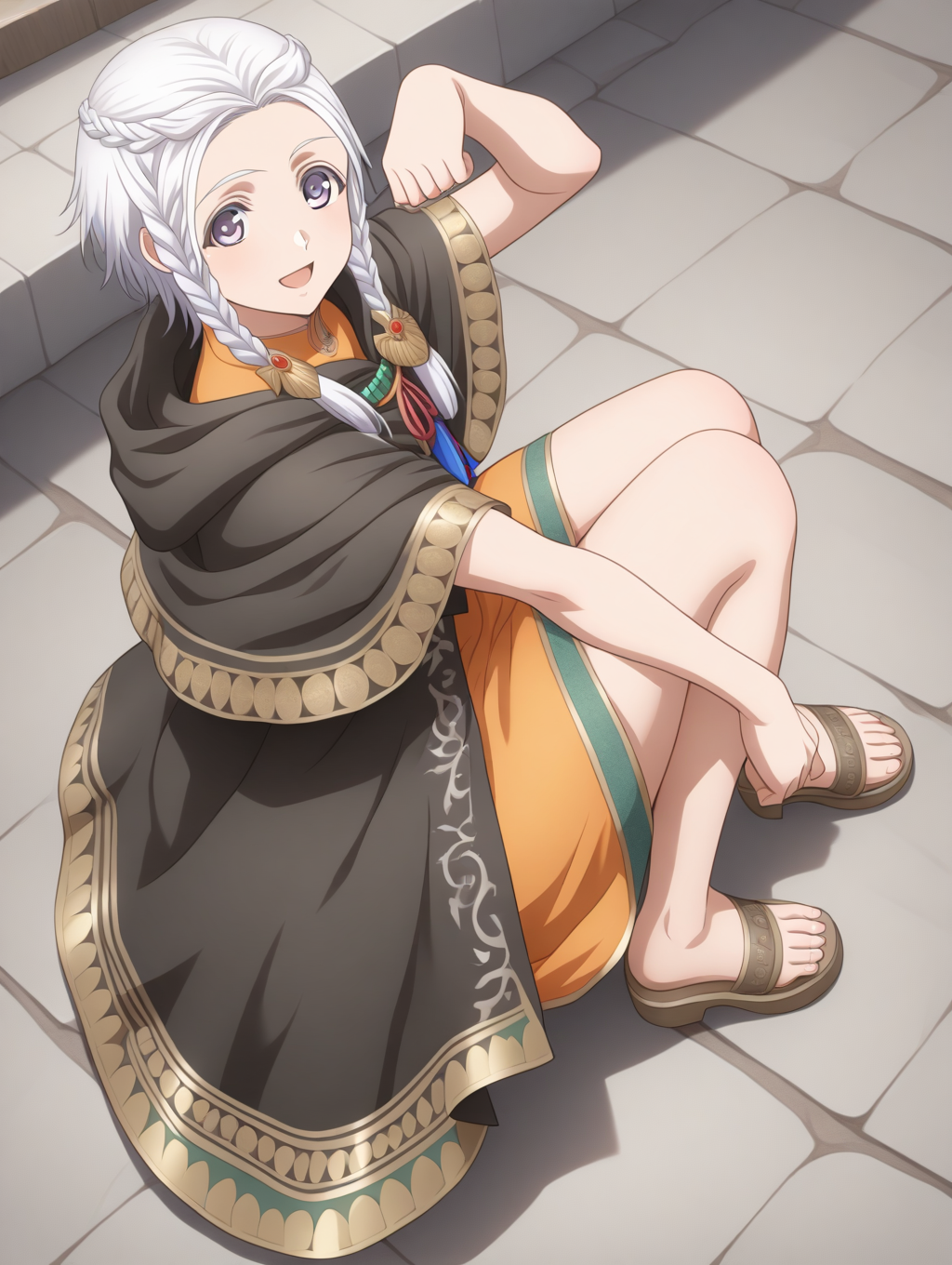 perfect quality,best quality,absolutely eye-catching,ambient occlusion,raytracing BREAK
1girl,<lora:amina IL v1.1:0.8>,amina,braid,white hair,black cloak,dress,sandals,national costume,, from above, looking at viewer,wide_shot,leaning_back,cat_pose,arm_grab,sitting_backwards,
