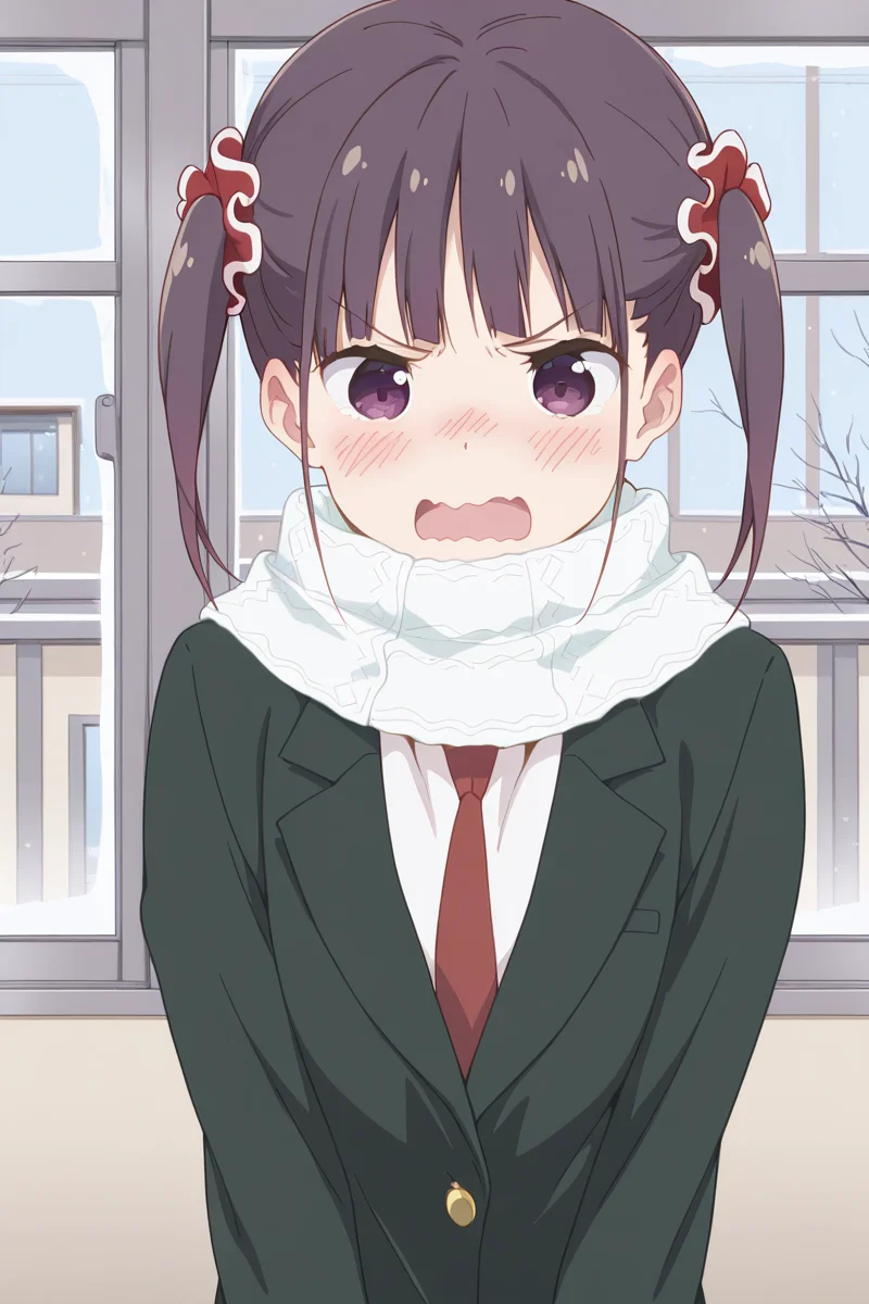 masterpiece, best quality, amazing quality,
<lora:Shizuku_IL:1> shizuku, 1girl, twintails, solo, scarf, open mouth, purple eyes, necktie, wavy mouth, school uniform, blush, scrunchie, white scarf, window, brown hair, hair ornament, blazer, angry,