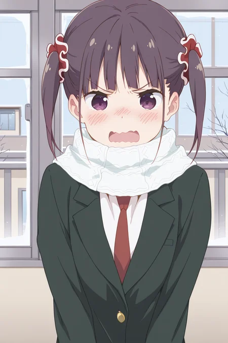 masterpiece, best quality, amazing quality,
<lora:Shizuku_IL:1> shizuku, 1girl, twintails, solo, scarf, open mouth, purple eyes, necktie, wavy mouth, school uniform, blush, scrunchie, white scarf, window, brown hair, hair ornament, blazer, angry,