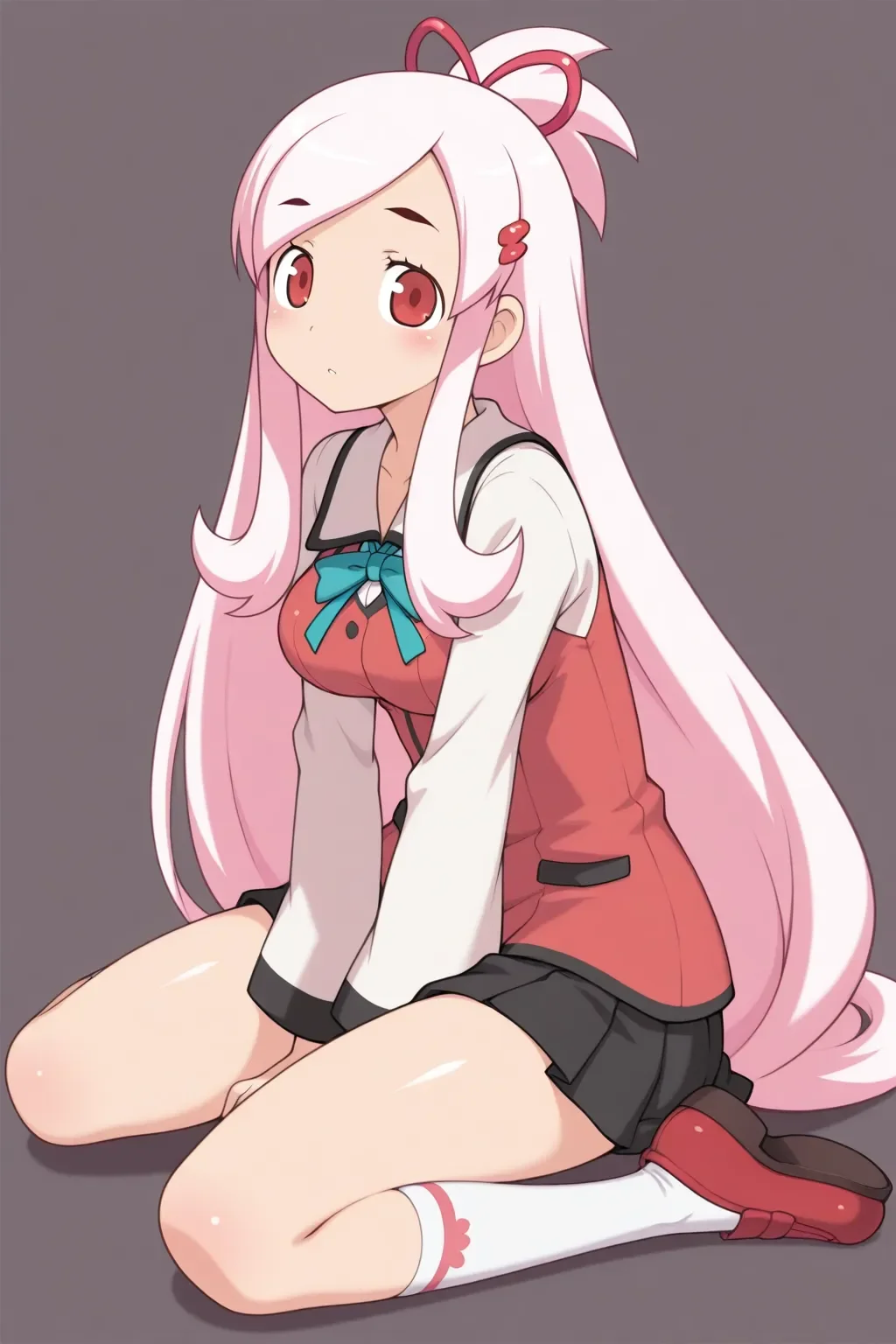 masterpiece, best quality, <lora:dokimajo2_haorikureha_ilxl:0.9>dokimajo2_haorikureha_ilxl , pink hair, red eyes, 1girl, solo, school uniform, sitting , full body, general, looking at viewer