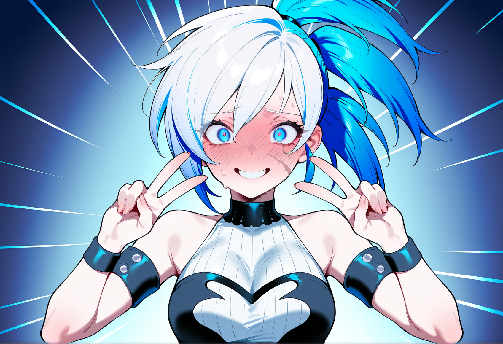 double v, emotional engine - full drive, 1girl, multicolored hair, blue hair, white hair, tri tails, scar on face, blue eyes,  tube top, sleeveless, armband, wristband, embarrassed, nervous smile,  <lora:piastol_arcadia:1>, masterpiece, best quality, amazing quality, very aesthetic, absurdres, highres, newest