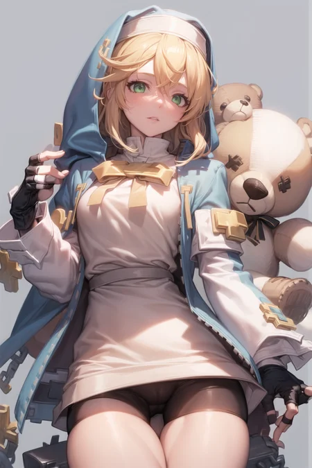 ((masterpiece)), (best quality), (detailed), (1 girl),<lora:WomanNun:1>,bridget \(guilty gear\),blonde hair,fingerless gloves,green eyes,teddy bear,bike shorts