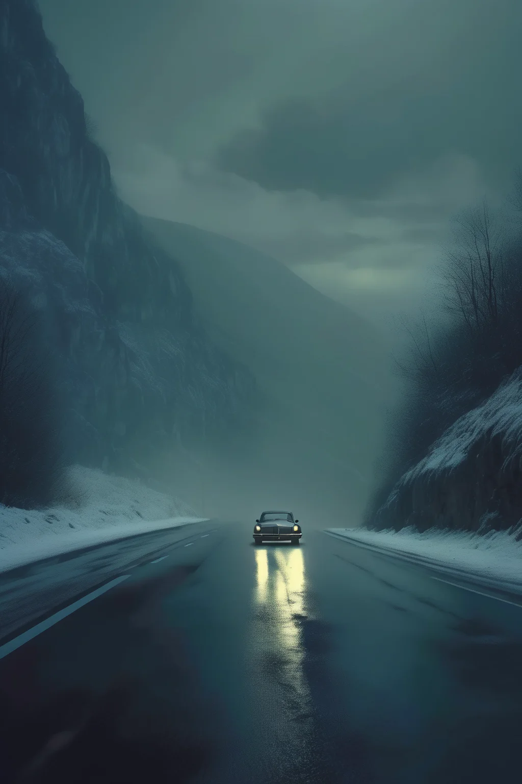 <lora:Roger Deakins Style:1>Roger Deakins Style - a car on an eerie mountainous road in the Annecy region, a snow storm is coming, captured in a psychological thriller style with the visual aesthetic of Roger Deakins as the director of photography